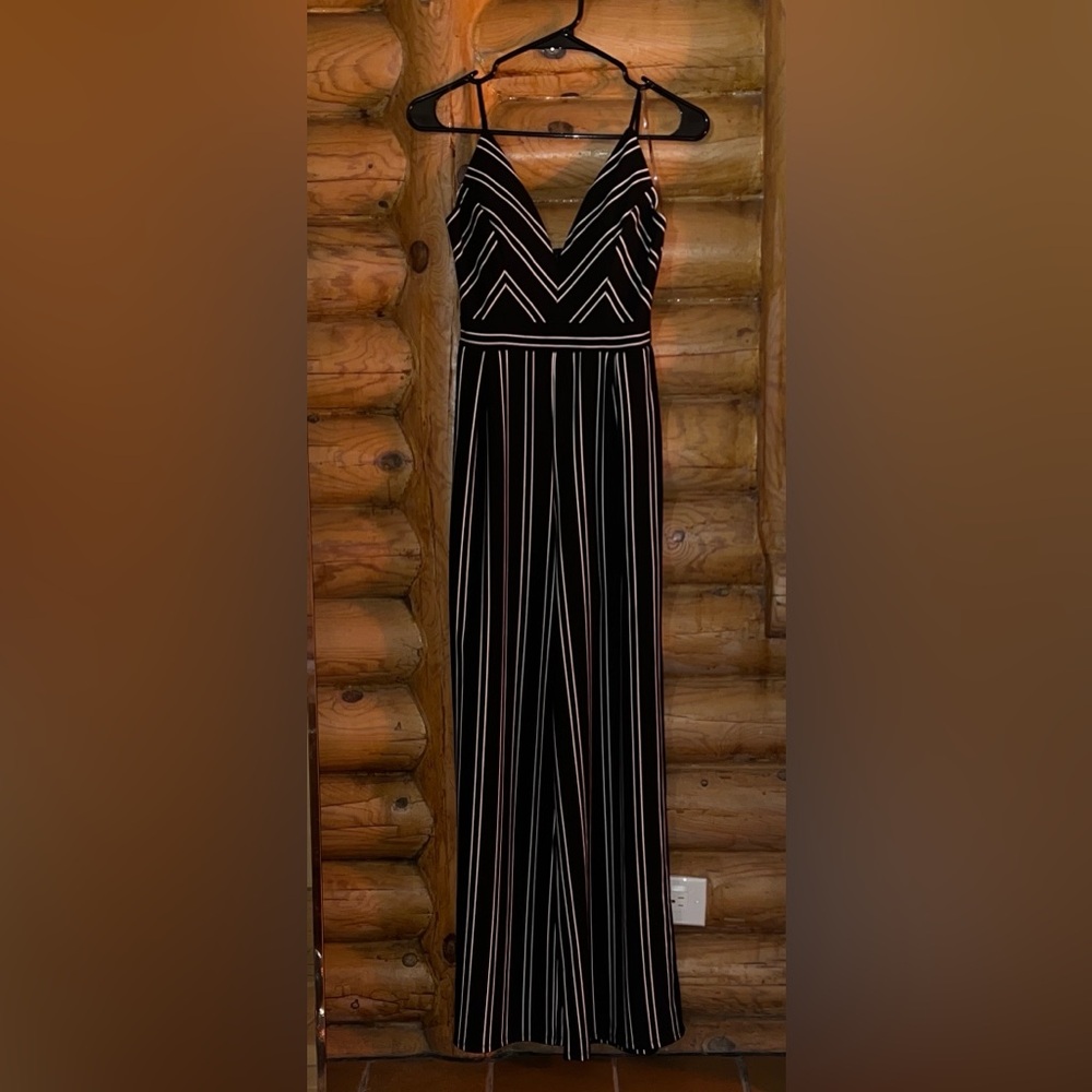 Emerald Sundae - Black & White Striped Wide-Leg Jumpsuit - Size S